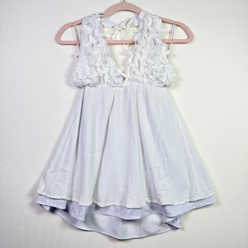SOLARIS style White Leaf Applique V-Neck Babydoll Halter‎ Top Size M